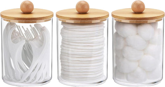 Tbestmax 10 Oz Cotton Swab/Ball/Pad Holder, Qtip Apothecary Jar, Clear Bathroom Containers Dispenser for Storage 3 Pack Wood Lids