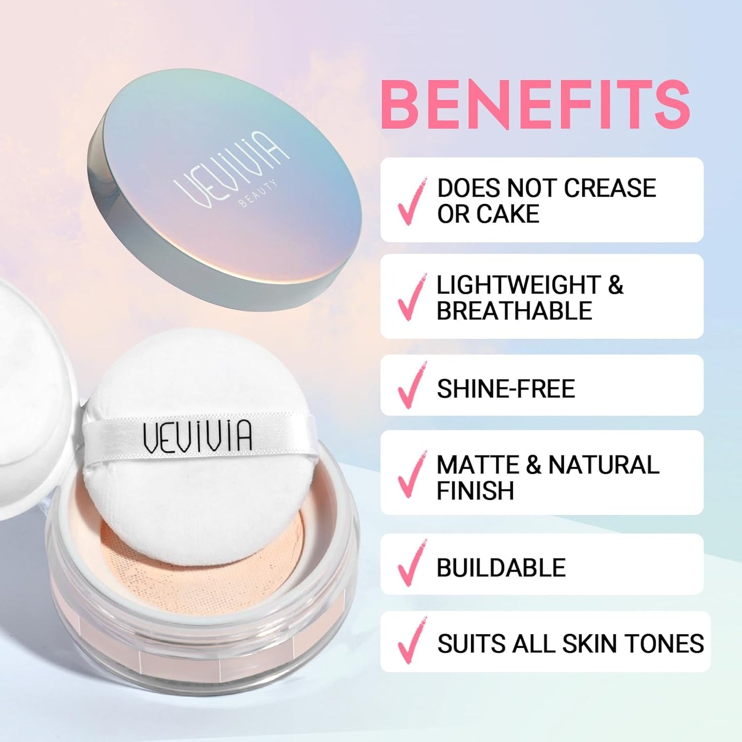 Vevivia Setting Powder - Creaseless Face Powder, Long Lasting Loose Powder Makeup with Blurring and Natural Finish, Loose Setting Powder for All Skin Types, Shine Control, Up to 24 Wear, Translucent
