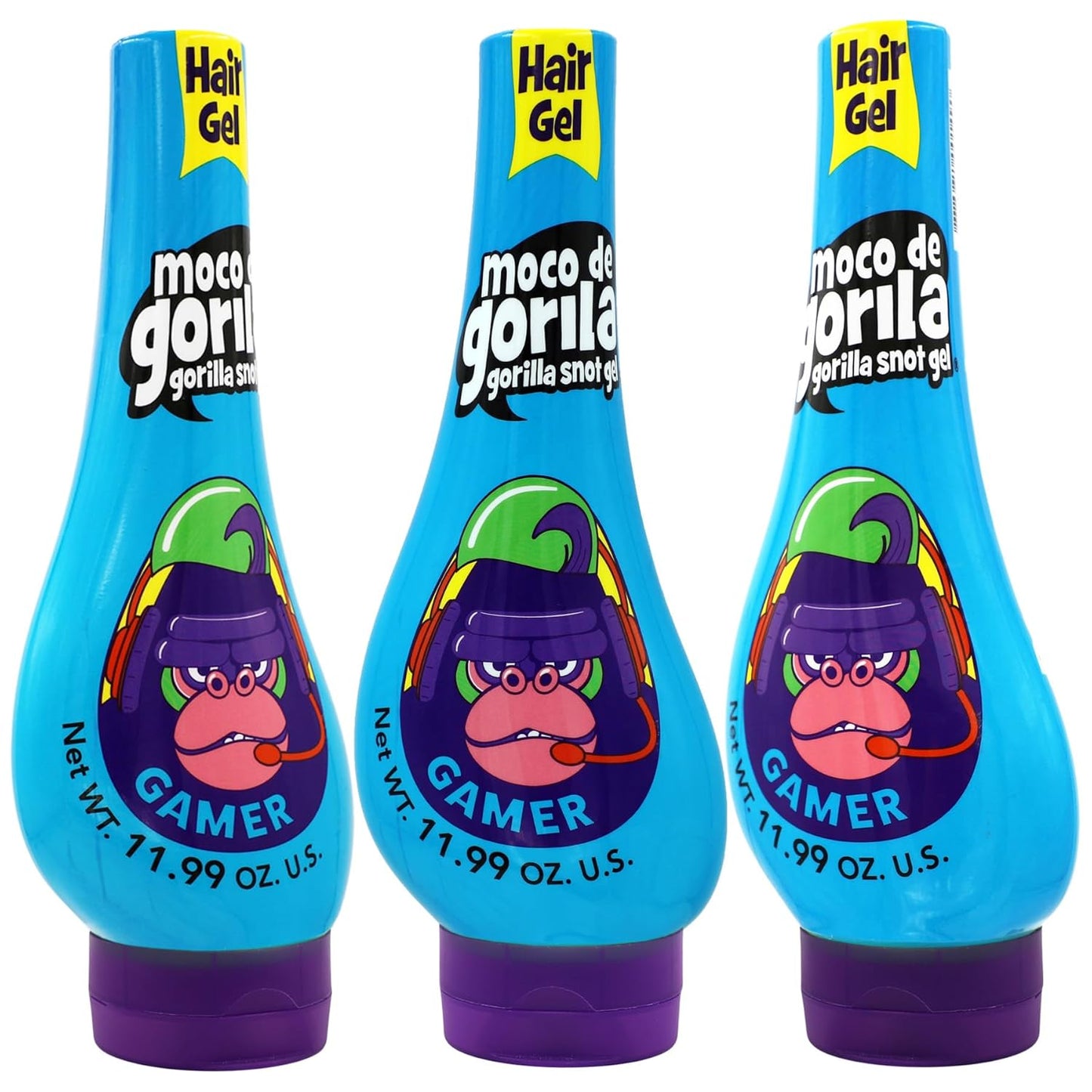 Moco de Gorila Gamer, Hair Styling Gel, Long-Lasting Hold, Reactivatable with Water, 3-Pack of 11.92 Oz Each, 3 Squeezable Bottles.