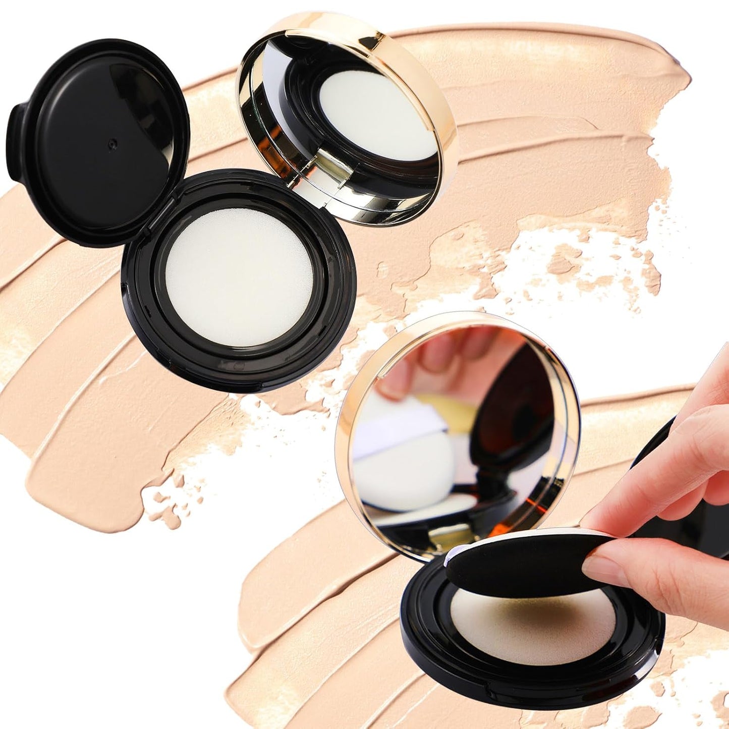 Patelai 7 Pcs 0.5oz Empty Luxurious Air Cushion Puff Box with Sponge Puff and Mirror, Portable Make-up Powder Container Case with Extra Sponges and Puffs, Refillable Foundation Bb Cream Box (Black)