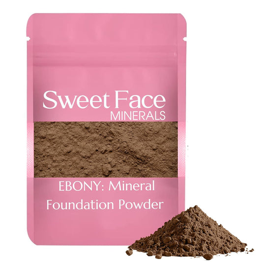 (12 Gram Bag) (EBONY) Foundation Powder Refill By Sweet Face Minerals, Lightweight Mineral Loose Makeup Powder with SPF 20, Full Coverage Flawless Finish, Talc-free, Cruelty-Free, Refillable Pouch