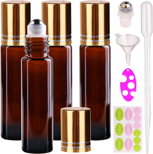 inice 4 Pack Essential Oil Roller Bottles 10ml Amber Glass RollerBall Bottle with Stainless Steel Roller Ball Alloy Cap for Daily Care