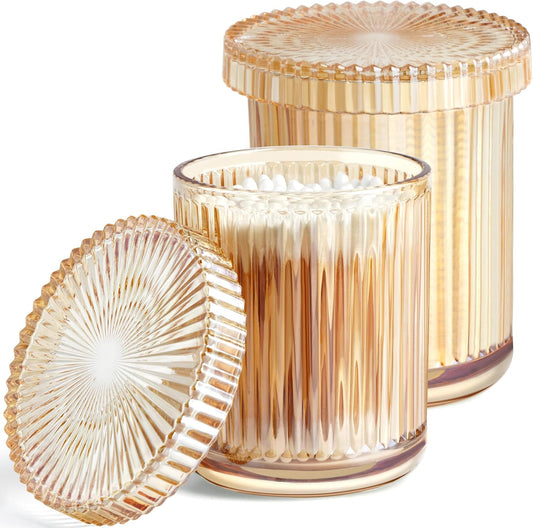 2 Pack Glass Qtip Holder Dispenser Set - Bathroom Organizer for Cotton Swabs, Balls, Pads, Floss Picks - Clear Apothecary Jars for Vanity, Makeup Storage, Bathroom Accessories Decor (Amber)